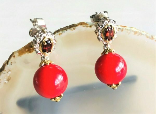 STERLING SILVER 925 NH And Gold Tone Ruby And Red Gemstone Drop Earrings