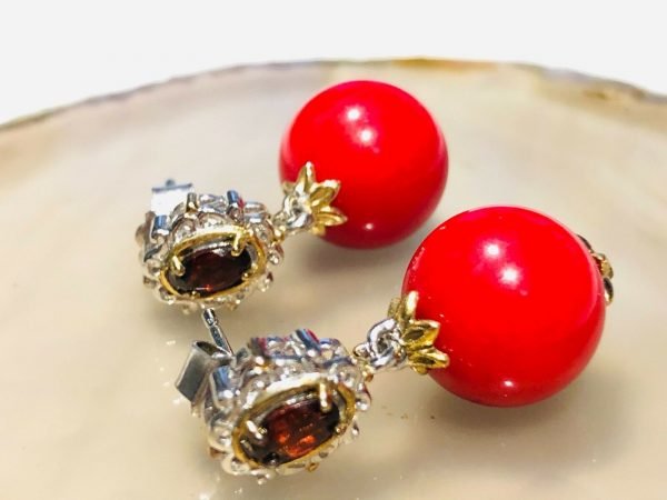 STERLING SILVER 925 NH And Gold Tone Ruby And Red Gemstone Drop Earrings