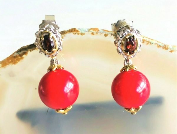 STERLING SILVER 925 NH And Gold Tone Ruby And Red Gemstone Drop Earrings