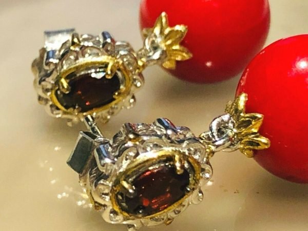 STERLING SILVER 925 NH And Gold Tone Ruby And Red Gemstone Drop Earrings